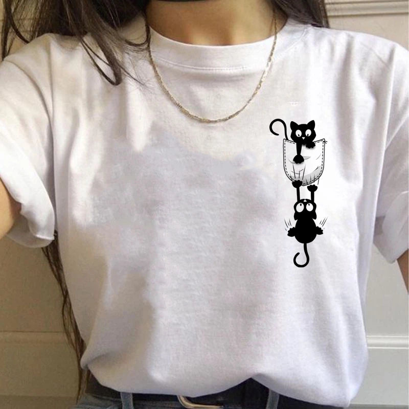 Simples bonito das mulheres t camisa de verão oversized camiseta engraçado bolso desenhos animados imprimir camisetas casual manga curta o-pescoço topos