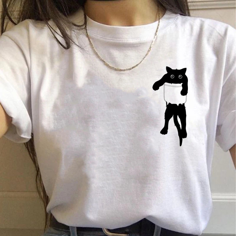 Simples bonito das mulheres t camisa de verão oversized camiseta engraçado bolso desenhos animados imprimir camisetas casual manga curta o-pescoço topos