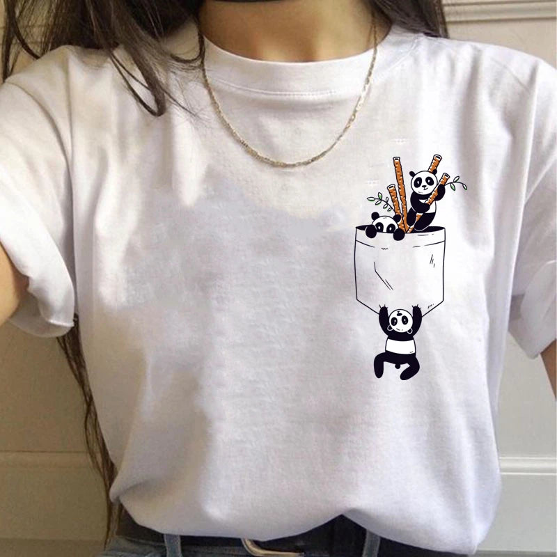 Simples bonito das mulheres t camisa de verão oversized camiseta engraçado bolso desenhos animados imprimir camisetas casual manga curta o-pescoço topos