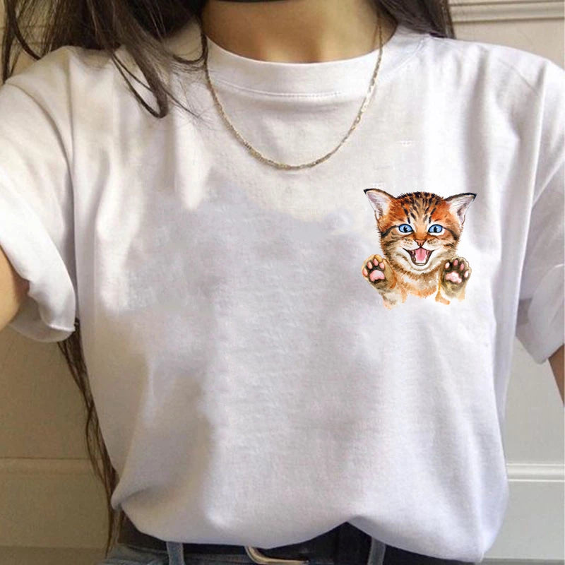 Simples bonito das mulheres t camisa de verão oversized camiseta engraçado bolso desenhos animados imprimir camisetas casual manga curta o-pescoço topos